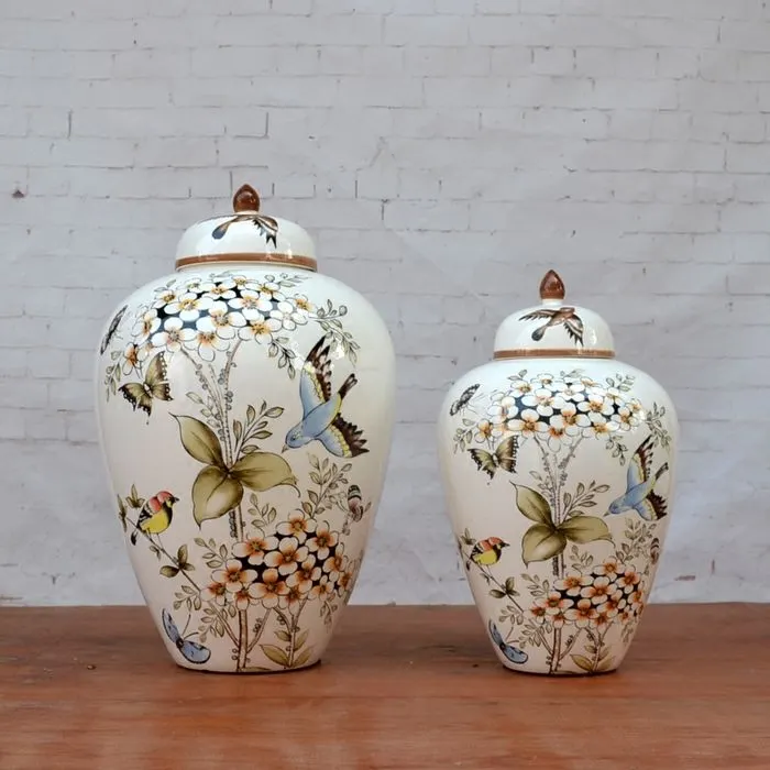 Warehouse Latest Products Traditional Painting yellow Ceramic Temple Jar Yellow Bird Pattern Porcelain Ginger Jar