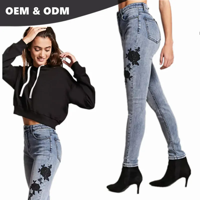 OEM cena skinny strech pantaloni Jeans jeans nel prezzo porcellana danneggiato ricamato jeans per Le Donne 006