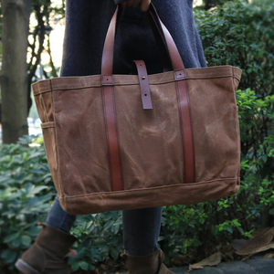 Sac fourre-tout en <span class=keywords><strong>toile</strong></span> cirée marron robuste pour femme avec garniture en cuir Sacs à provisions élégants - Product Image 4
