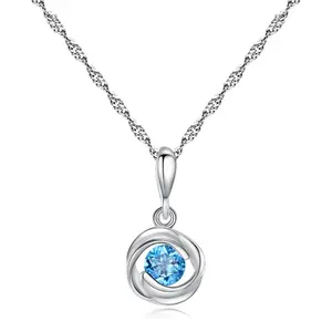 CZCITY Luxury Geometric 925 Sterling Silver Necklace Blue Topaz Stone Pendant Necklaces for Women