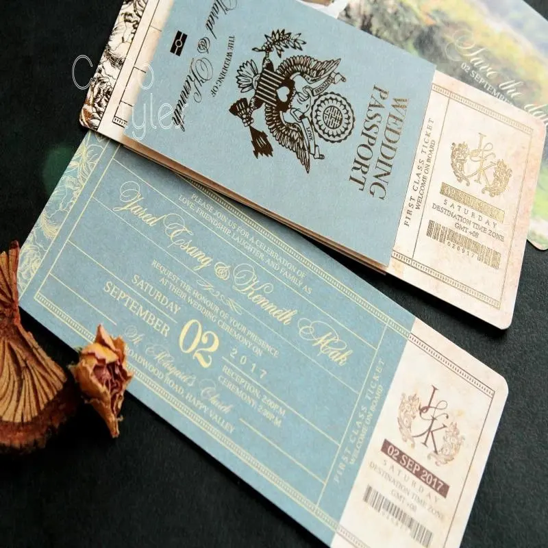 Cocostylesส่วนบุคคลสร้างสรรค์ทองลายหนังสือเดินทางออกแบบบัตรเชิญอากาศตั๋วสำหรับแต่งงานปลายทาง