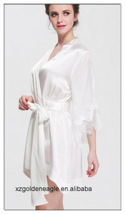 Vestaglia in Seta 100% Naturale <span class=keywords><strong>Bianca</strong></span>, Lunghezza al Ginocchio, Scollo a V con Cordoncino, per Autunno/Primavera/Estate - Morbida e Traspirante - Product Image 2