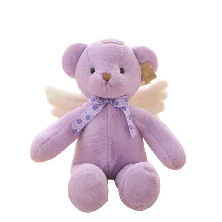 天使の翼が付いている紫色のピンクのベージュのテディベアかわいい天使のテディベア