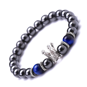 Wholesale 8mm Hematite Tiger Eye Crown <strong>Bracelet</strong> Silver Magnetic <strong>Bracelets</strong> with <strong>Gold</strong> Plated Crystal and <strong>Pearl</strong> for Women and Men - Product Image 3