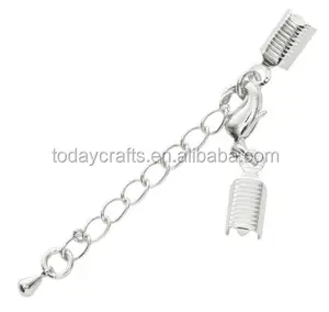 13x5mm cord crimp 38mm extender chain Silver plated Fold Over Cord Ends with Lobster Clasp and extender chain