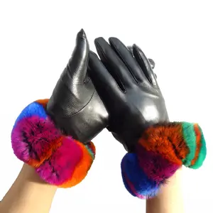 Manufacturer customized winter fashion luxury dress plush fur glove fox fur cuffs real rabbit fur lined sheepskin leather gloves
