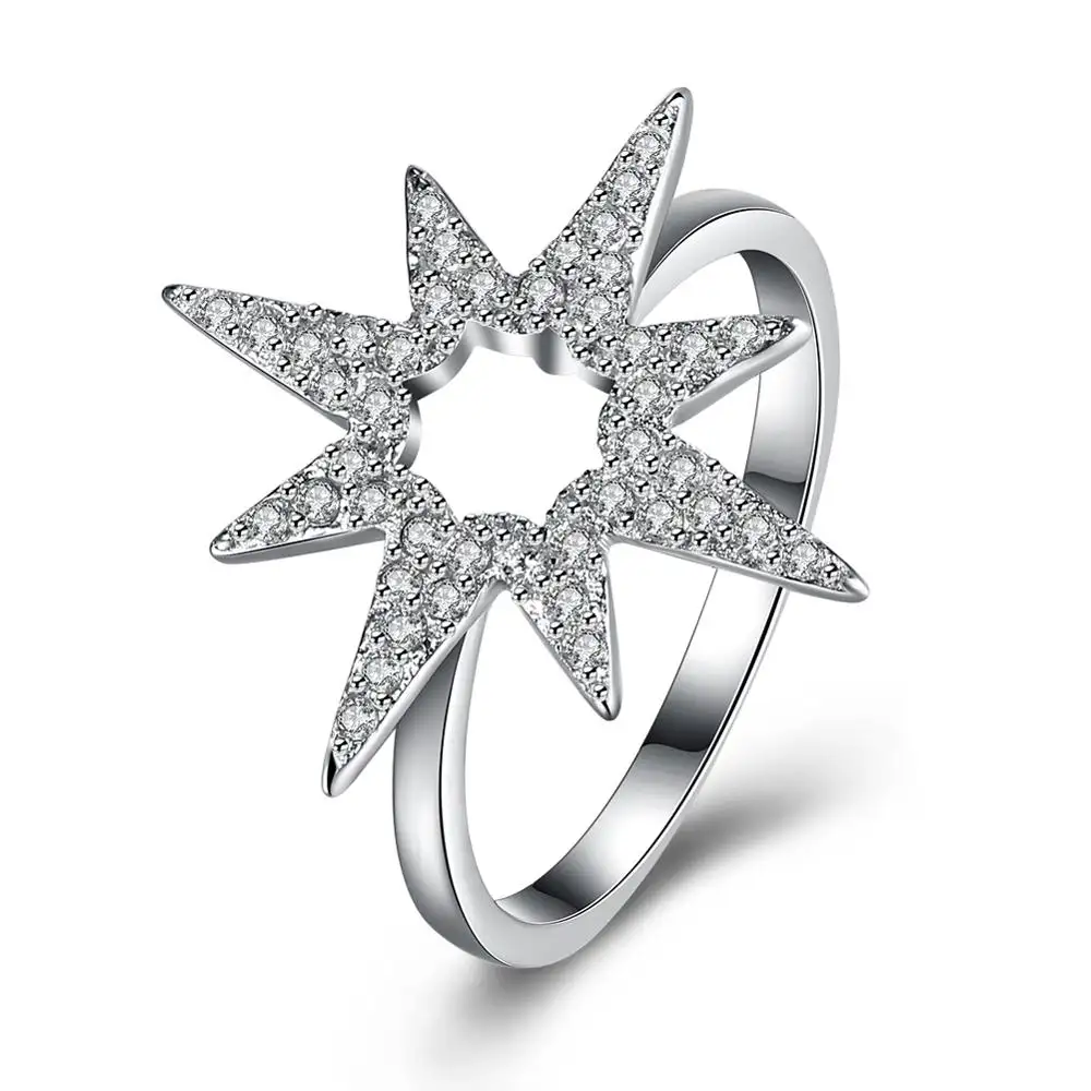 Pave CZ Berlian 925 Cincin Bintang Perak Murni, Perhiasan Cincin Berlapis Emas Putih untuk Wanita Muda
