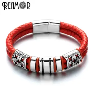 REAMOR 316L 不锈钢简约风格男士魅力手链黑色/红色/棕色双编织皮革与磁铁扣手镯
