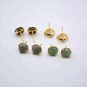 Di Alta Qualità di modo di Giada Verde Sfaccettato Rotondo Orecchino Della Vite Prigioniera 14K Oro di Disegno Ha Placcato Orecchini Della Pietra Preziosa - Product Image 2