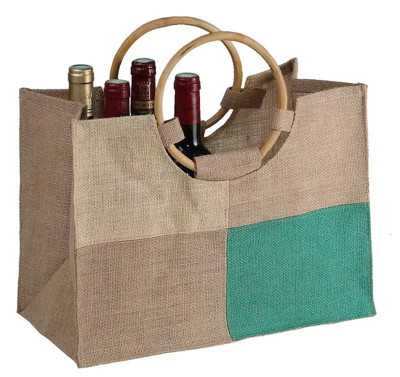 Bolsa de yute con asa de madera para botella de vino, tamaño grande, diseño personalizado