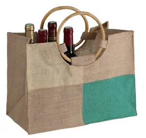 Customized design big size wine bottle jute bag with wooden handle