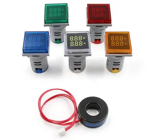 Ammeter Lampu Pilot Indikator LED Ganda, Ammeter 22Mm Persegi AC 20-500V 0-100A Voltase Amp Volt Meter