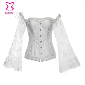 Corzzet Victoria Trắng Ruffle Tắt Vai Ren Nịt Và Bustiers Flare Dài Tay Áo Steampunk Gothic Wedding Bridal Corset