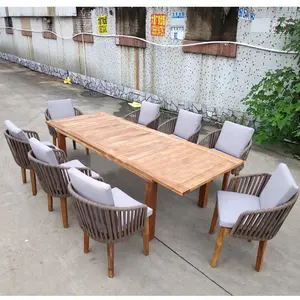 Fantastic Design Outdoor Webbing Cords Garden Wood Dining Table Rope Chairs Set