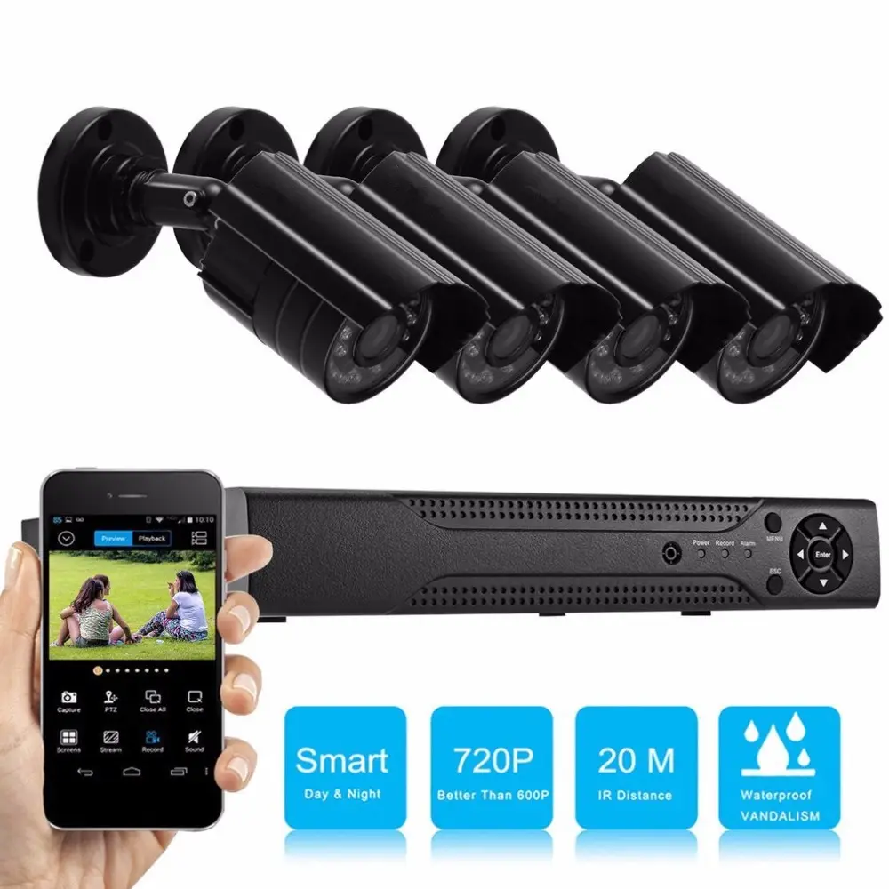 4CH AHD DVR 비디오 보안 카메라 시스템 4*720P HD 방수 총알 카메라 실내/야외 CCTV 감시 카메라