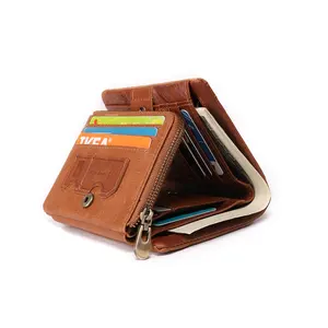 Billetera plegable con cremallera para hombre, billetera de cuero genuino anti Rfid para viaje