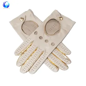 Supersoft Cream and Gold Nappa Leather Driving fashion Gloves with net hole White
