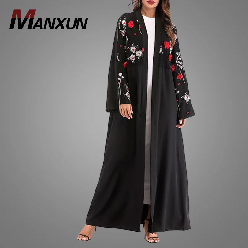 Kardigan Motif Bunga Musim Semi Sederhana Gaun Abaya Bordir Bahu Wanita Pakaian Islami Kimono Jalabia Dubai Kaftan Muslim