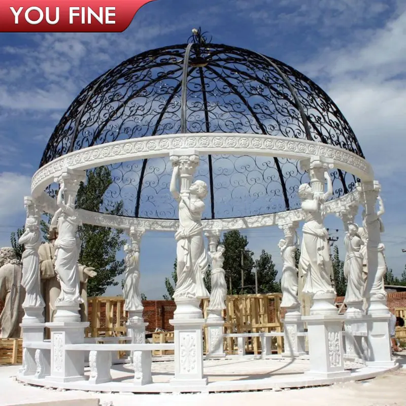 Natural Stone Hand Carved Outdoor Garden Marble Statue Column Gazebo Pavilion For Sale