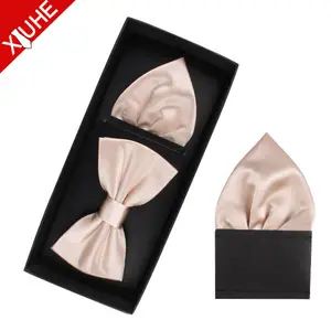 Hot Sale Custom Fancy Solid Color Satin Handkerchief Bowtie Sets For Men