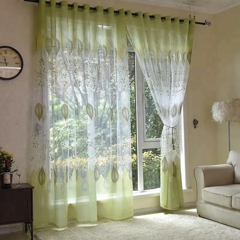 Cortina transparente com folhas estampadas, decorativa, turca, verde, para sala de estar, quarto, tecido barato