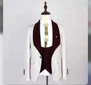 HD101 पुरुषों सूट 2022 के लिए शादी का सूट पुरुषों बरगंडी शाल कॉलर 3 टुकड़े स्लिम फिट सूट Mens सफेद Tuxedo जैकेट जैकेट पंत बनियान