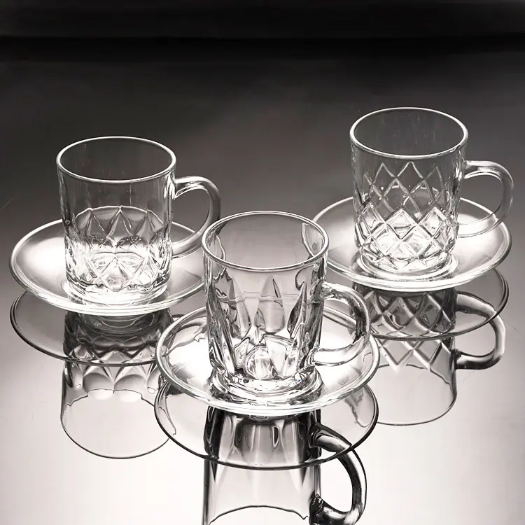 Haonai clear glass tea coffee set clear glass coffee cup with saucer with embossed design