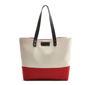 Cotton Vải Sọc Mua Sắm Túi <span class=keywords><strong>Tote</strong></span> Với Dây Đeo Da Cho Khuyến Mãi - Product Image 1