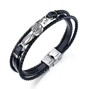 Simple multi layer braided leather musical note bracelet