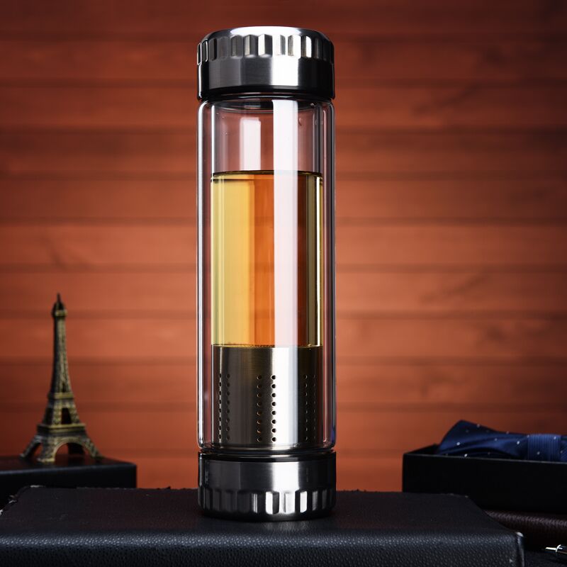 Double wall  glass water bottle with SS lid tea infuser water bottle