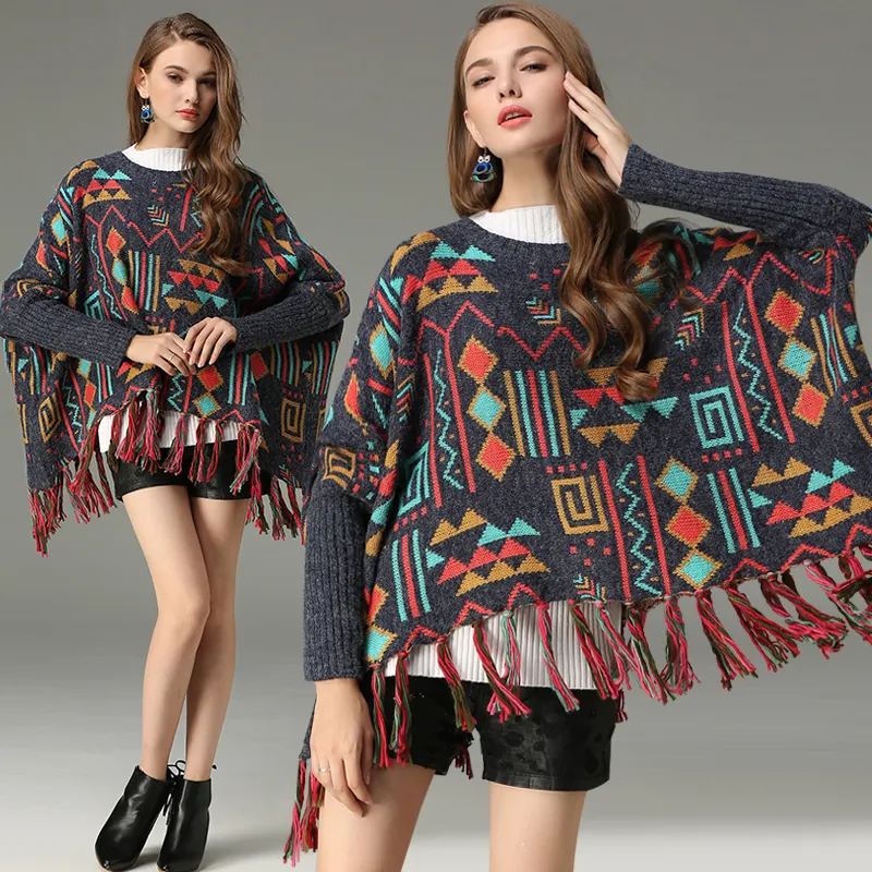 Stylish boho jacquard sweater women colorful fringe cape poncho