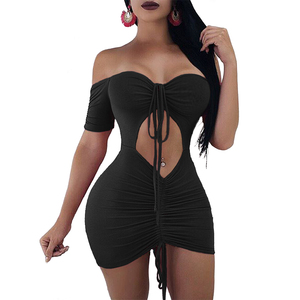 <span class=keywords><strong>Robe</strong></span> courte à épaules dénudées à manches courtes Sexy Clubwear Couleur unie Robes de soirée pour femmes Robes de boîte de nuit pour femmes - Product Image 4