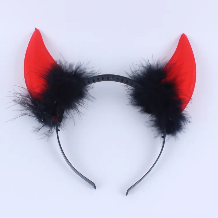 Plastic Red devil horns cute head wear with black feather felt cloth for children cosplay