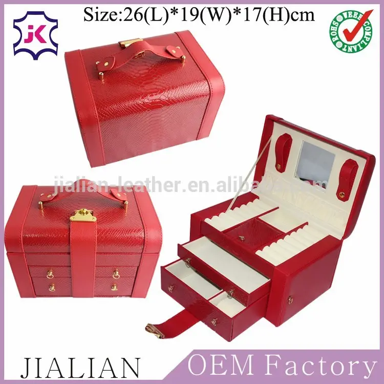 Red couro caixa de jóias únicas meninas personalizado com 3 gavetas e lidar com