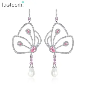 LUOTEEMI Sweety Butterfly Micro Paved Cubic Zirconia Imitation Waterdrop Pearl Long Dangle Wedding Earrings For Women