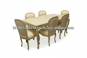 Ensemble de table à manger rectangulaire vintage moderne en blanc ivoire, 6 chaises, bois de teck massif, cuir synthétique, maison, hôtel, villa, luxe, sculpté - Product Image 4