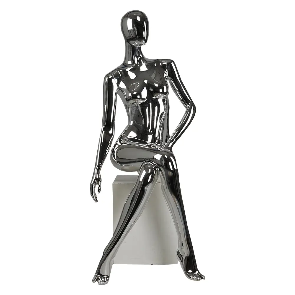 מציאותי דקורטיבי אופנה עיצוב בגדי חנות תצוגת כסף נשי יושב כרום mannequin