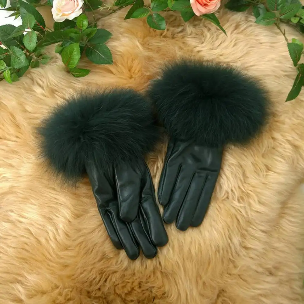 En gros mode hiver chaud marque de fourrure de renard femmes en cuir de mouton gants longs