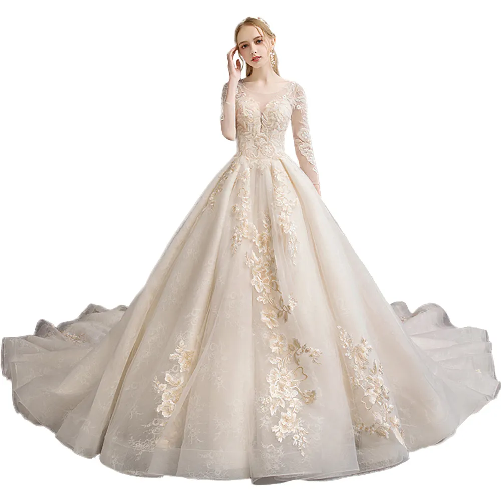 الجملة زهرة الدانتيل فستان الزفاف على الانترنت الساخن بيع أنيقة الطابق طول فستان الزفاف كم طويل