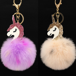 Yongze cara pompom llavero unicornio mullido Faux fur puff bola colorida bola peluda unicornio llavero - Product Image 3
