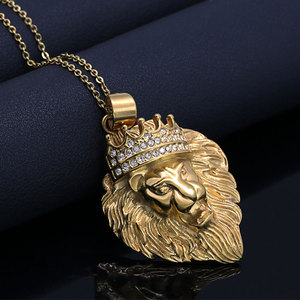 Marlary Hip Hop Style Cristal Strass En Acier Inoxydable 18K Plaqué Or <span class=keywords><strong>Roi</strong></span> Couronne Pendentif Tête de <span class=keywords><strong>Lion</strong></span> - Product Image 4