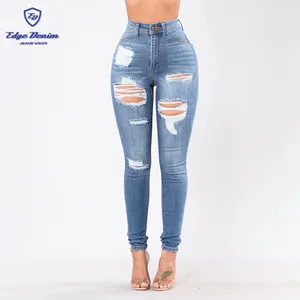 OEM e ODM Jeans Skinny strappati blu medio da <span class=keywords><strong>donna</strong></span> <span class=keywords><strong>pantaloni</strong></span> stretti - Product Image 1