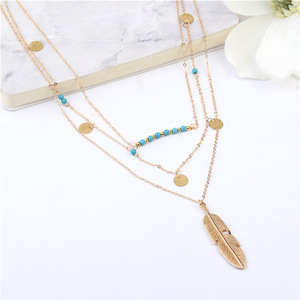 Moda Color oro multistrato moneta nappe Lariat Bar collane perline Choker <span class=keywords><strong>piuma</strong></span> pendenti collane per le donne Bijoux - Product Image 3
