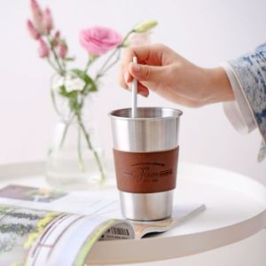 Costume portable en cuir pour camping en plein air, logo <span class=keywords><strong>personnalisé</strong></span>, cadeaux promotionnels, manches en cuir, <span class=keywords><strong>tasse</strong></span> café en acier inoxydable, 10oz 14oz, 50 pièces - Product Image 4