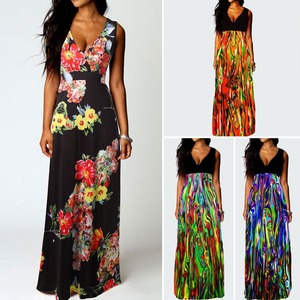 Del Verano imprimir vestido estampado de largo vestidos de dama de la moda V Cuello delgado Vestido de Gasa - Product Image 1