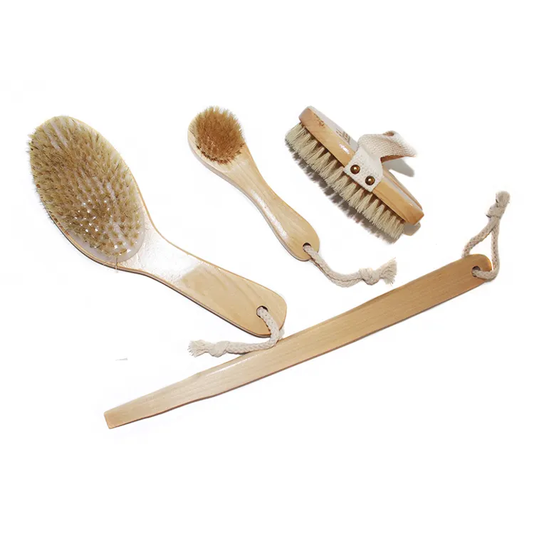 Dry Body Brush Set- Natural Boar Bristle Body Brush, Exfoliating Face Brush & One Pair Bath & Shower Gloves