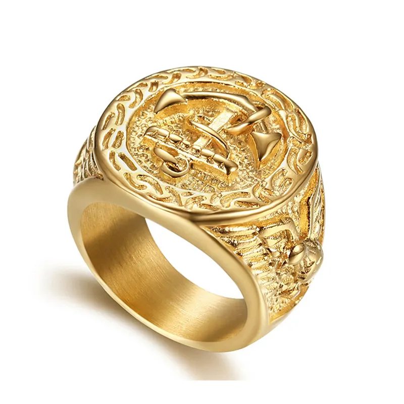 Fashion Gothic Punk Wedding Engagement Gold Plated Anchor Ring for mens