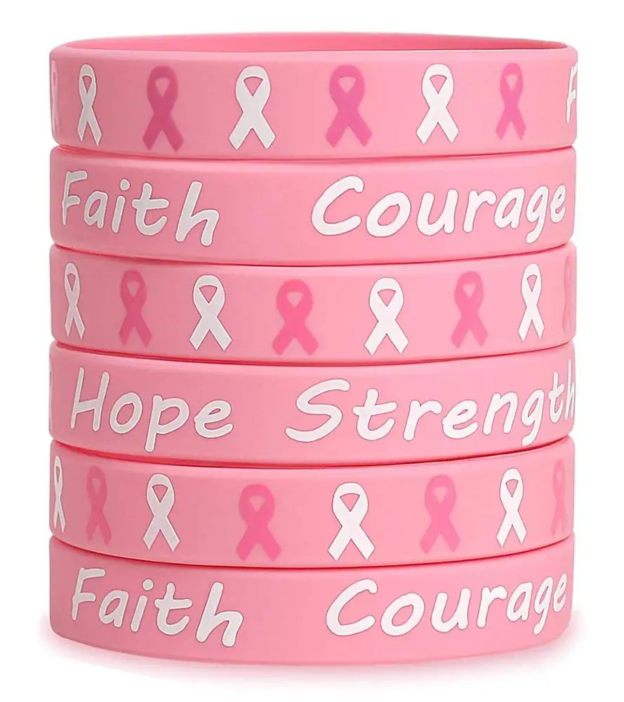 Pulseras de silicona para Concientización del cáncer de pecho, brazaletes con cinta rosa, Hope, fe, fuerza, valor