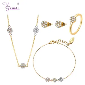 VANFI 14k gold chain necklace flower earrings bracelet ring women cz jewelry set