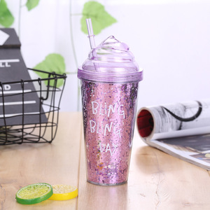 Logotipo personalizado de helado de doble pared reutilizable transparente brillo vaso de plástico taza mágica para beber <span class=keywords><strong>con</strong></span> tapa y pajita - Product Image 3